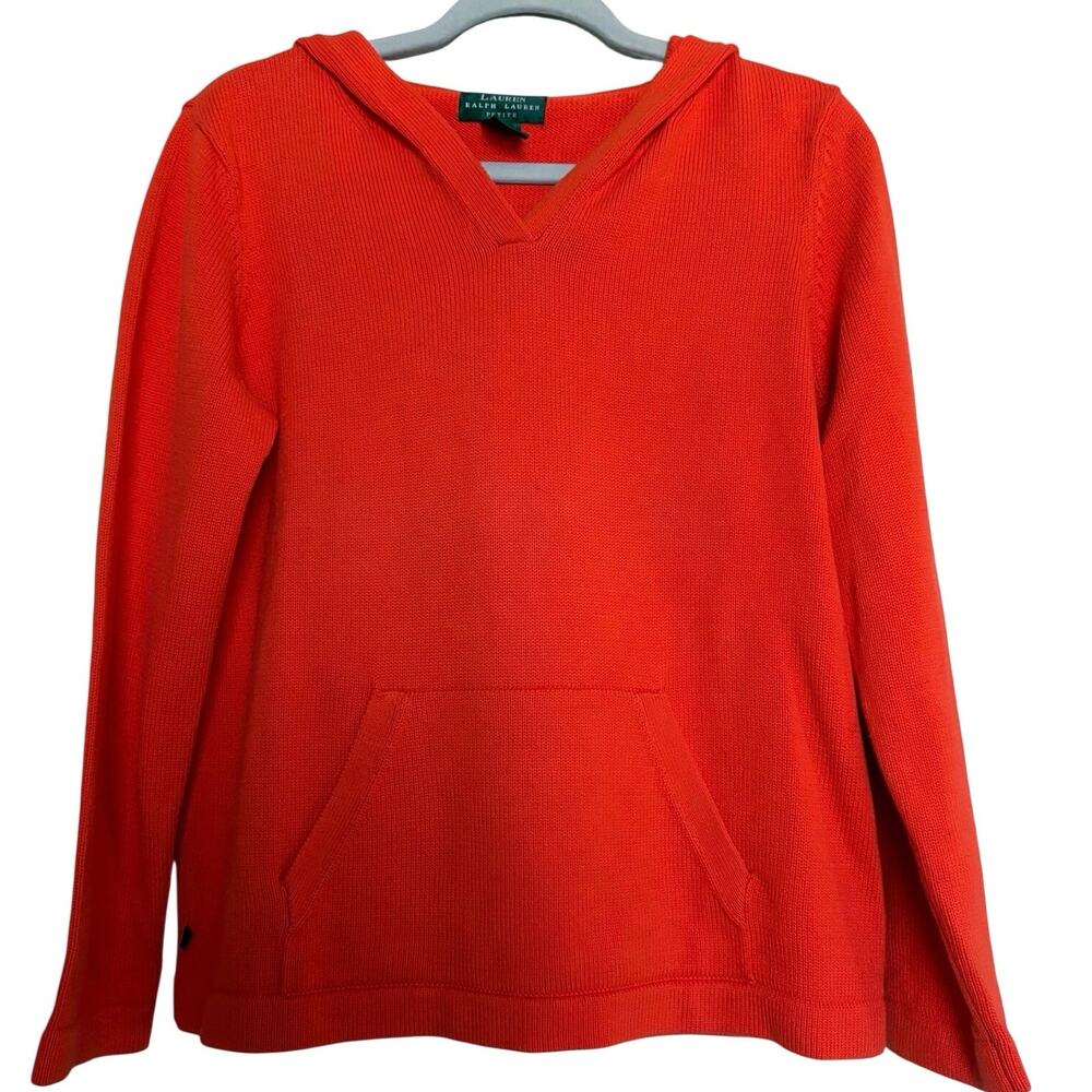 Lauren Ralph Lauren Petite Orange Cotton Knit Hoodie P/M Fall Sweater Y2K
